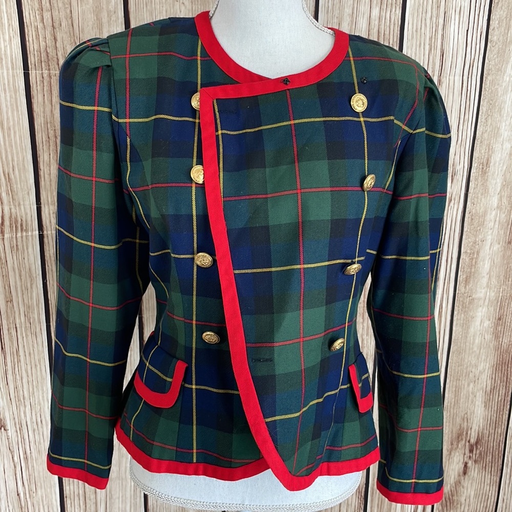Vintage Maggy Boutique Blue/Green Plaid Jacket w/Red Trim & Gold Buttons - Picture 7 of 9